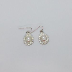 Faux Pearl and Rhinestone Silver Dangly Earrings
